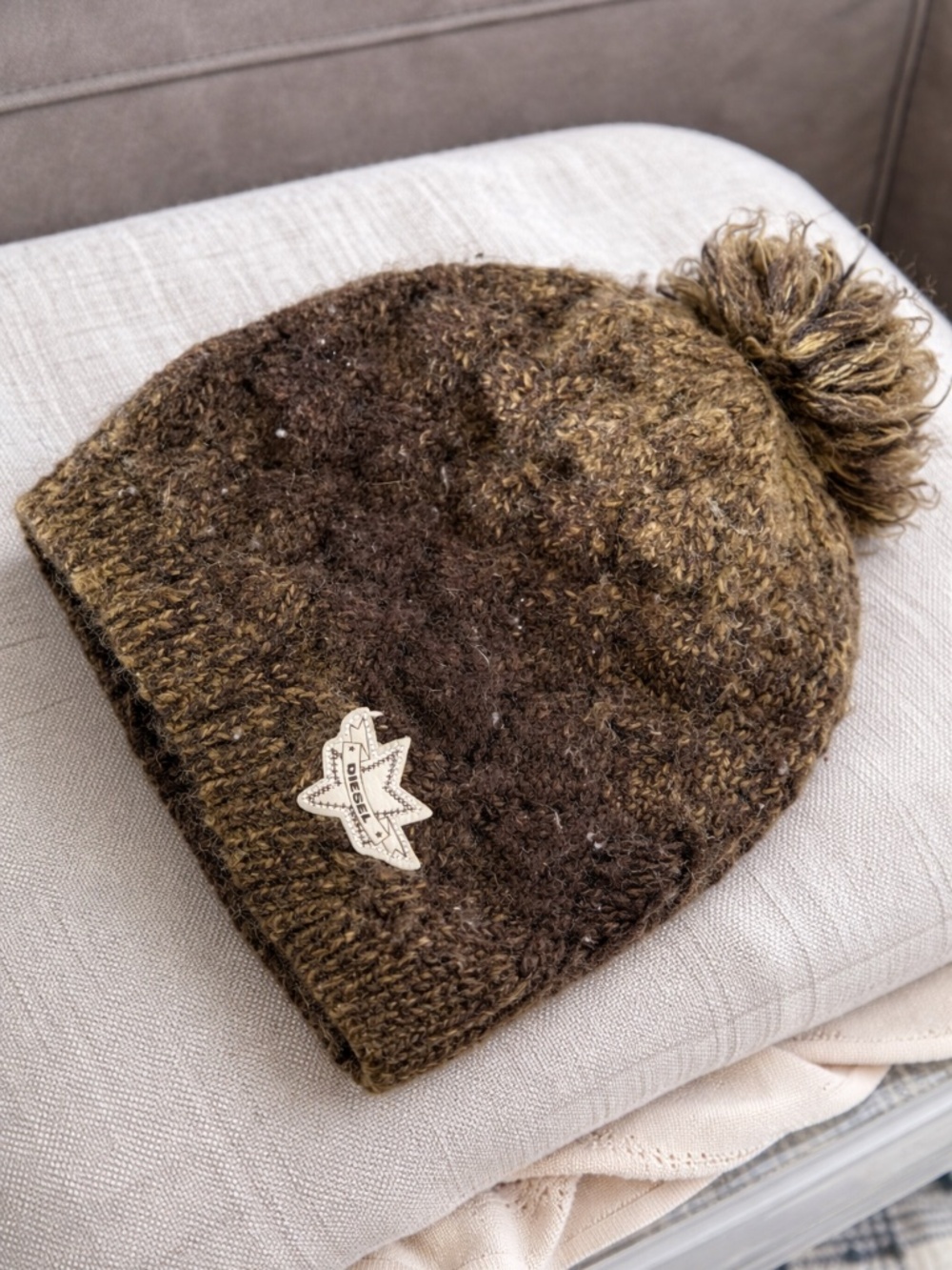 Diesel Knit Pom Pom Beanie – Brown/Olive – Cozy Winter Hat
